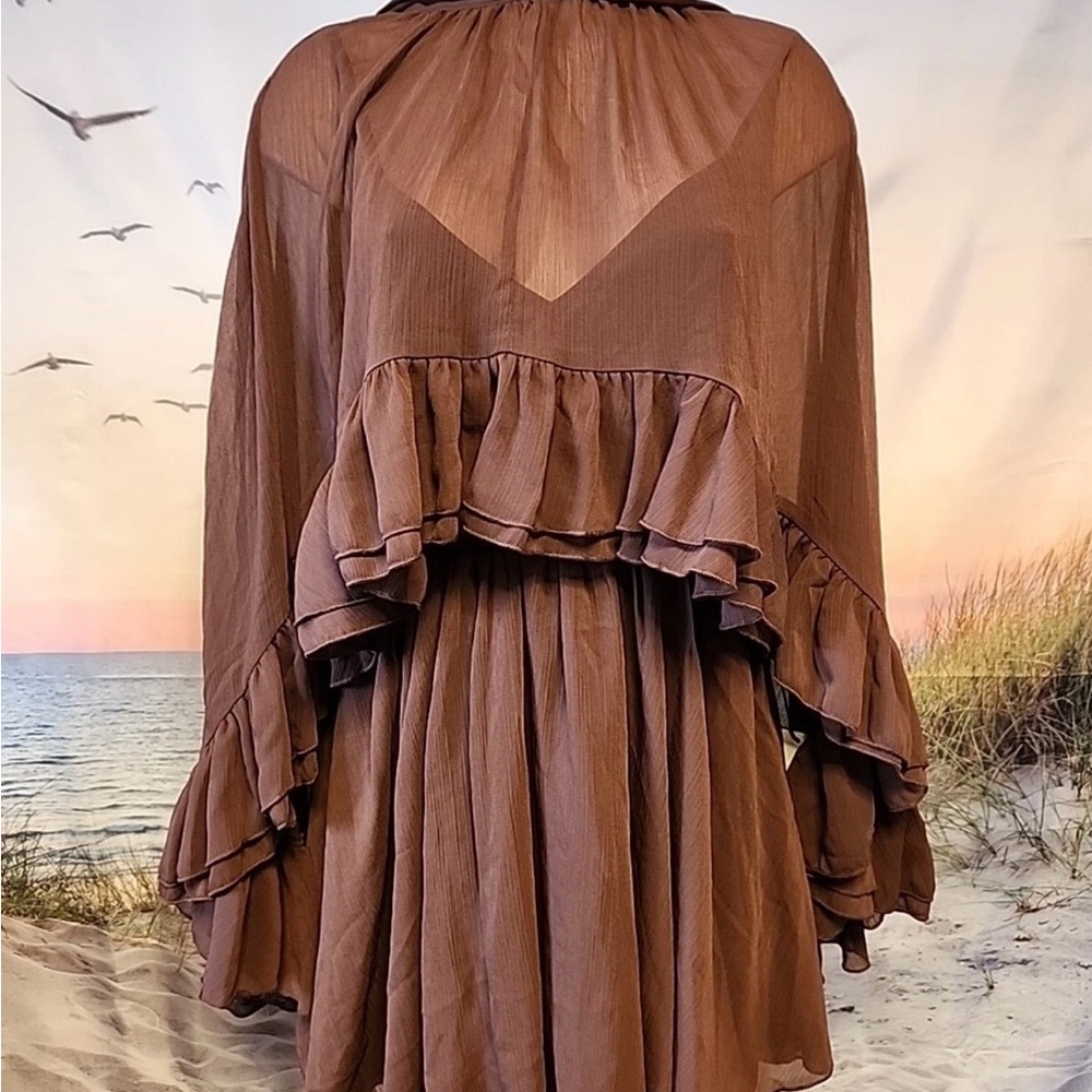 Nwt Commense Brown Semi-Sheer
Chiffon Ruffle Dress with Cape Overlay Small